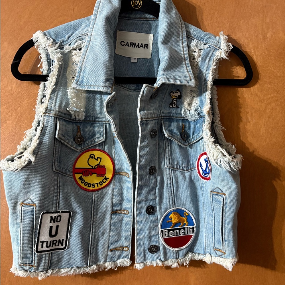 Carmar Light Blue Denim Vest with Patches - 100% Cotton